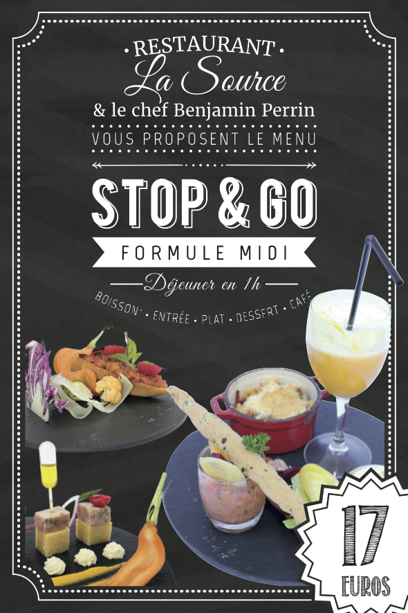 Flyer cartonné pour la nouvelle formule midi du restaurant La Source à la Barben 13330