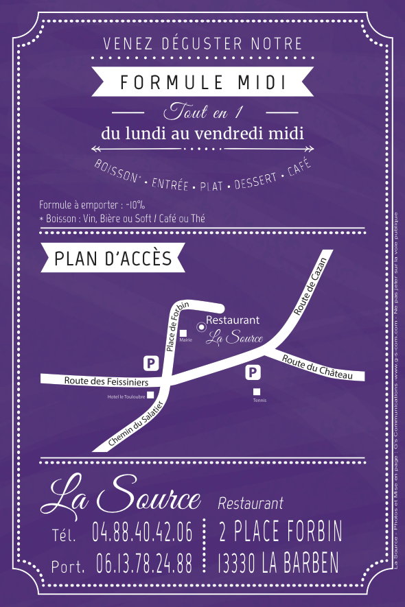 Flyer cartonné pour la nouvelle formule midi du restaurant La Source à la Barben 13330